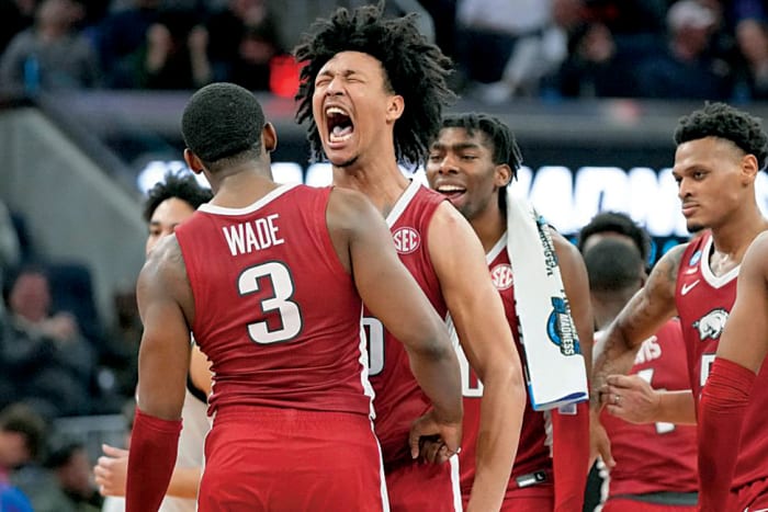 Arkansas forward Jaylin Williams celebrates a big play during an upset of No. 1 Gonzaga in the NCAA Tournament.